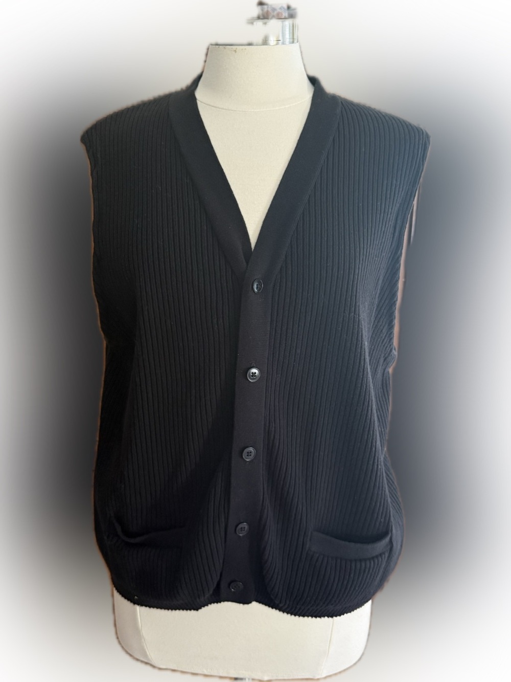 Vintage Banana Republic Ribbed Knit Button Front Sweater Vest Men's M Black 80s